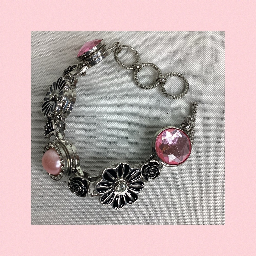Elegant Silver and Pink Floral Bracelet